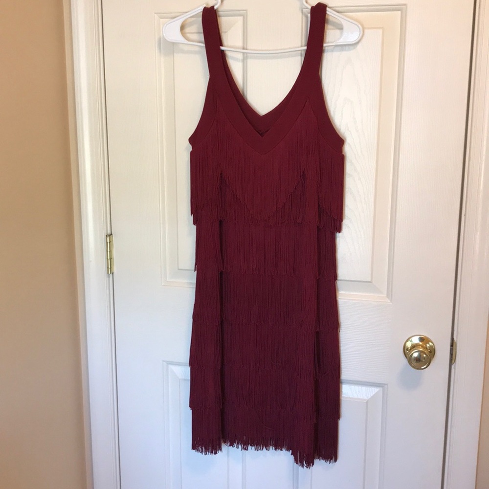 Express fringe burgundy cocktail dress